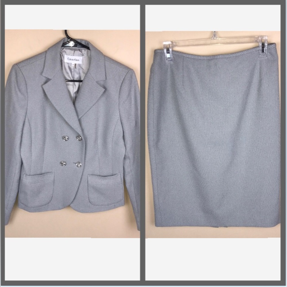 Calvin Klein Women’s Knit Gray White Double-Breasted Blazer and Skirt Set